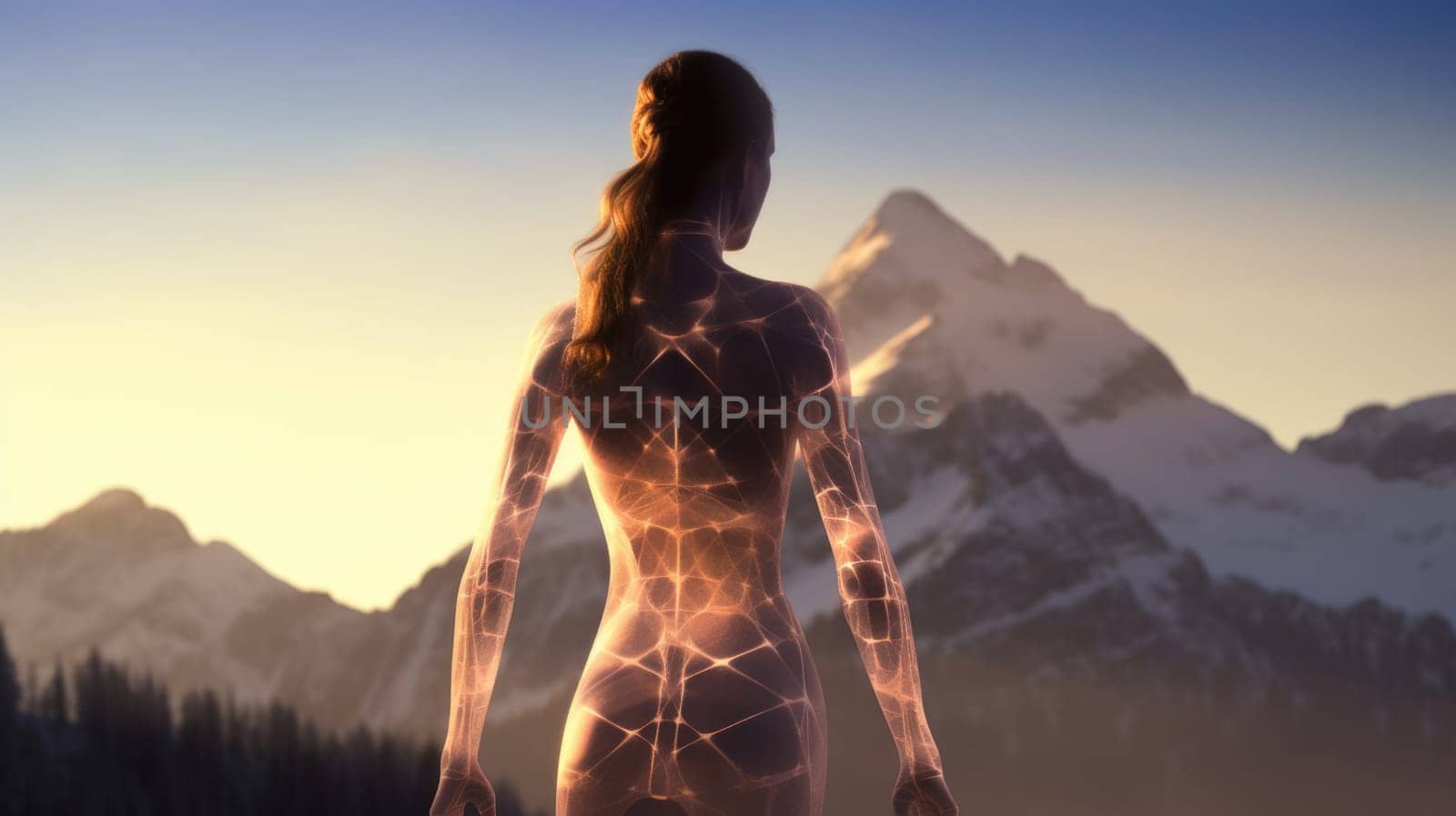 Woman in Yoga Full Body Backlit Pose in the breath taking Alpine. Generative AI image weber.