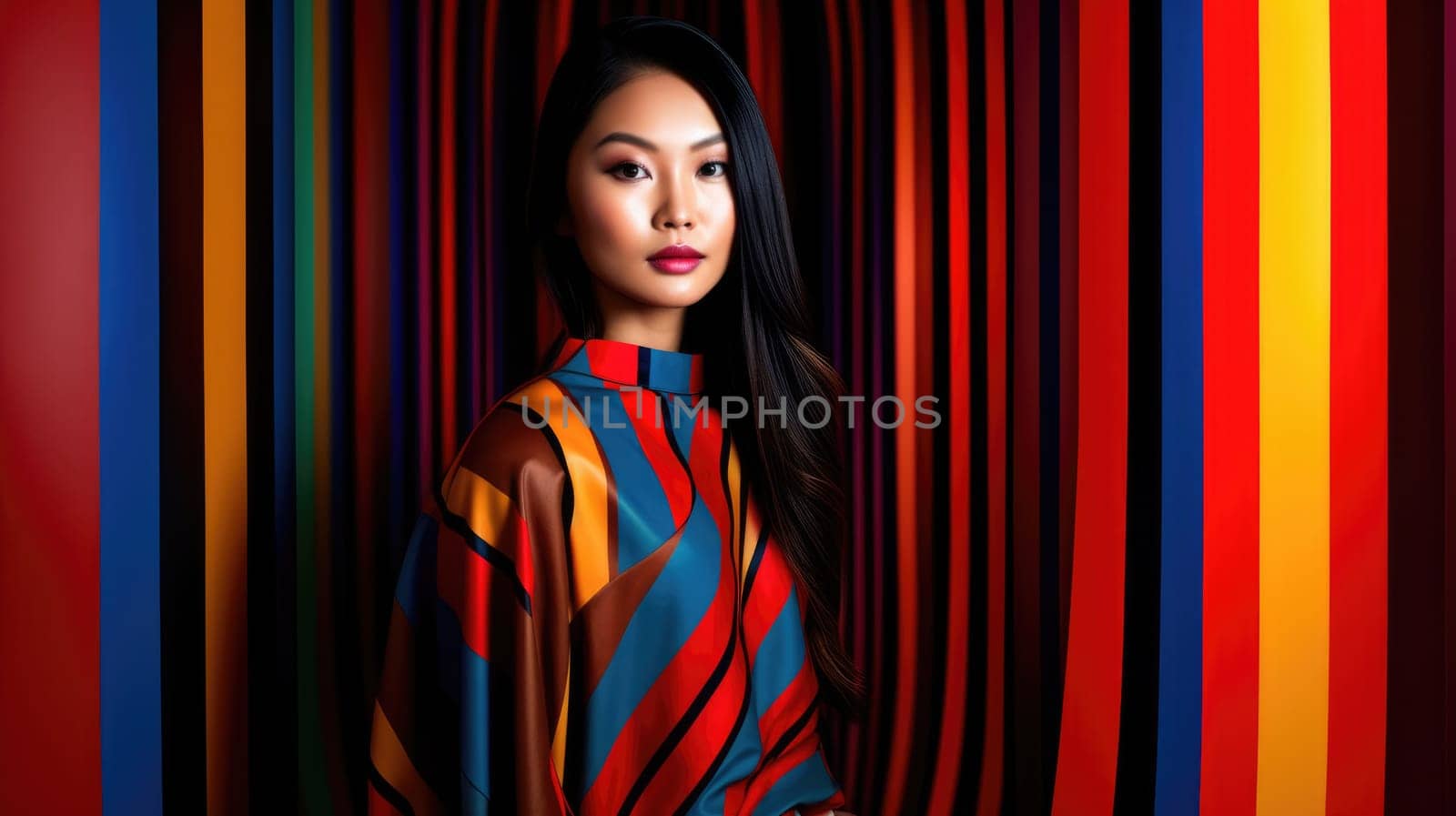 Young female model posing with trendy fashion outfit and colorful vibrant orange optical art abstract background. Picturesque generative AI