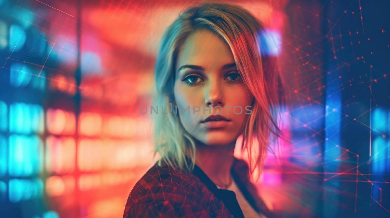 Beautiful model with colorful and trendy outfit with glowing light, colorful dyed hair and fashionable glitch core teenager girl. Picturesque generative AI