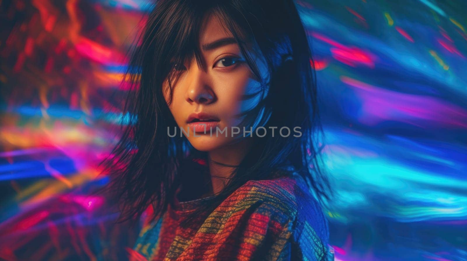 Beautiful model with colorful and trendy outfit with glowing light, fashionable asian glitch core teenager girl. Picturesque generative AI