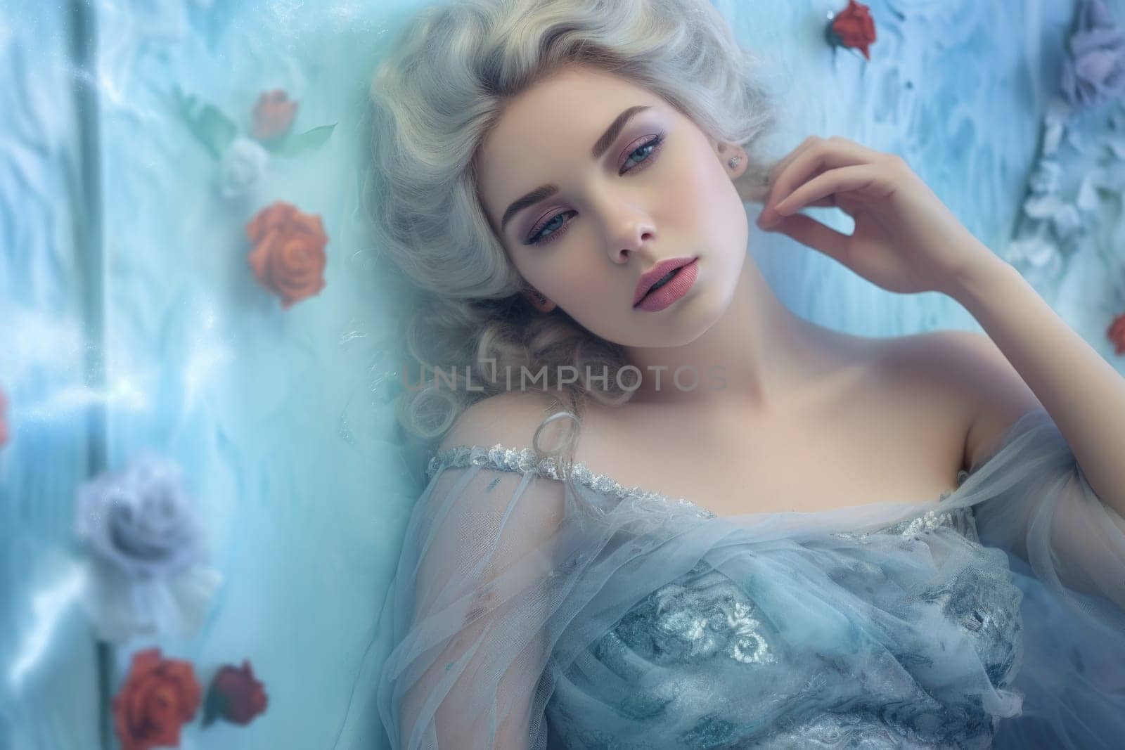 Surreal full-body fashion photograph of a very beautiful Elsa in love with a sweet gentle smile. Generative AI AIG27.