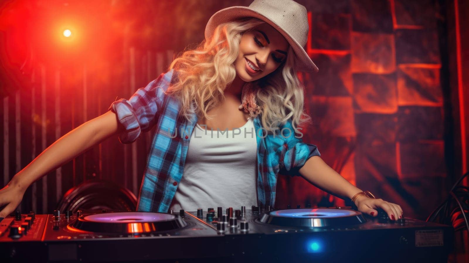 A happy DJ woman wearing a plaid shirt and hat is having fun playing music at a club party. Generative AI AIG30.