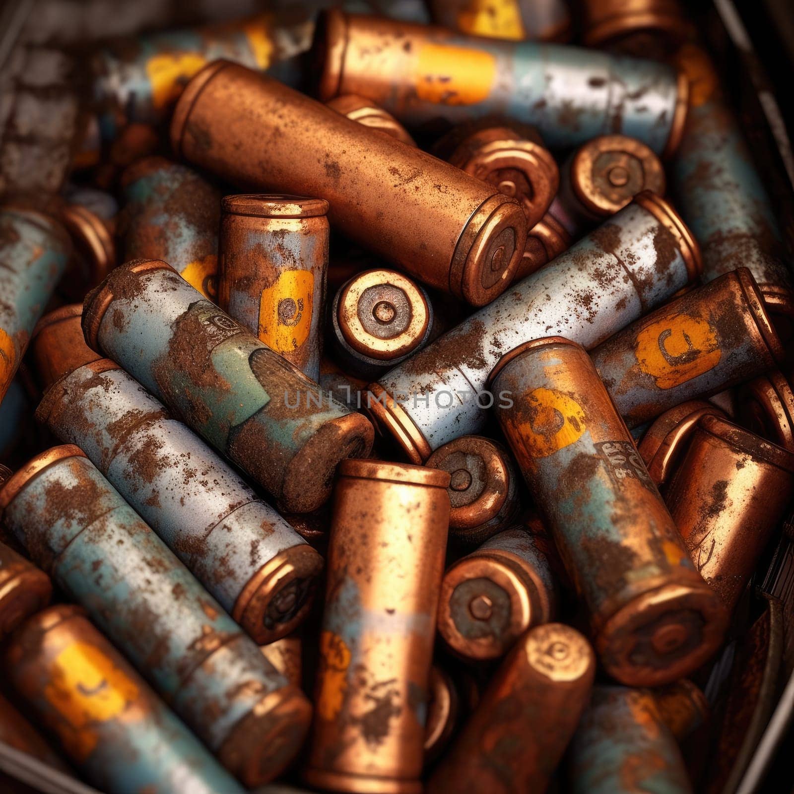 A lot of rusty used batteries. The concept of pollution