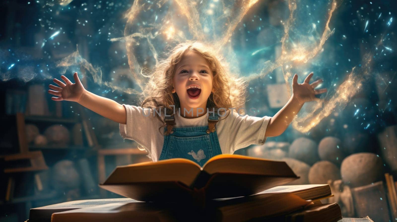 Girl excited with an opened magical book with wave of astral magical elements flowing out. Generative AI weber. by biancoblue