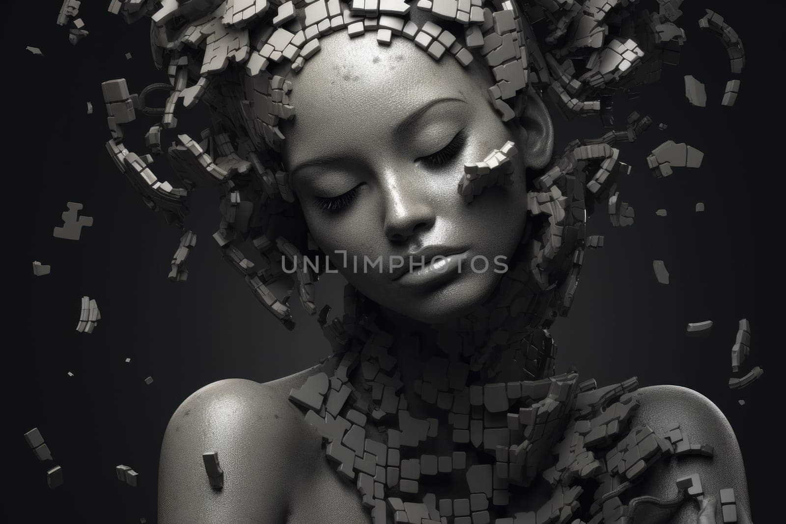 A woman made of dark grey puzzle pieces with some are missing, Generative AI AIG27.