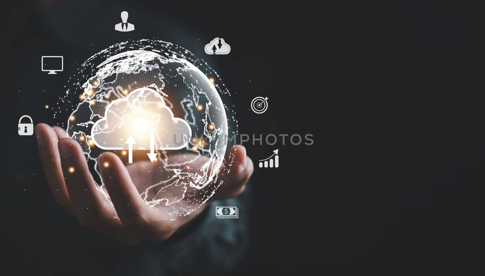 Digital Network of Insights, A businessman holds a globe, illustrating power of technology in capturing and analyzing data. Big data analytics and business intelligence shape future of global markets.