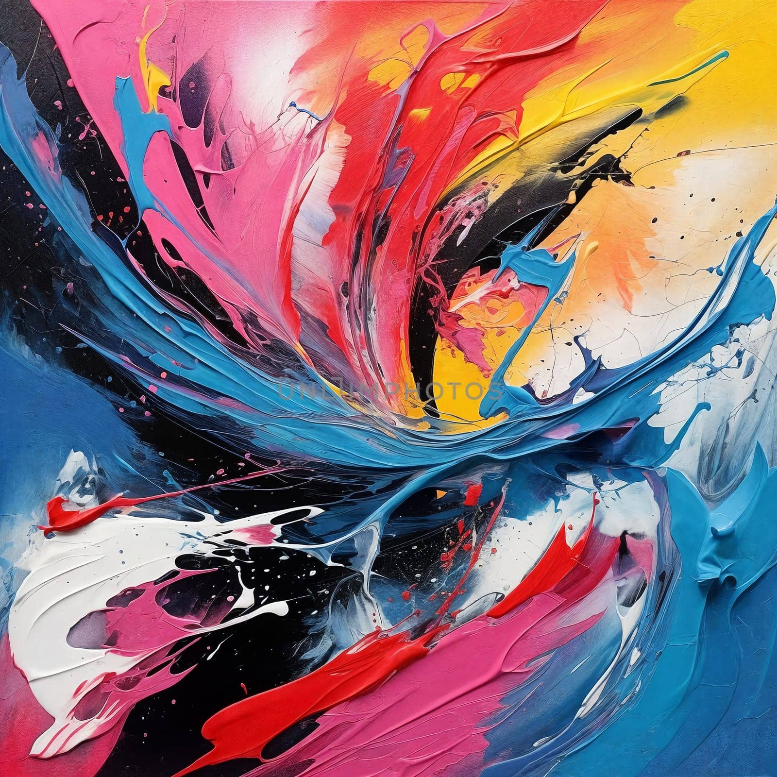 Abstract modern splash painting mesmerizes with vibrant colors and dynamic brushstrokes, pulsating with energy and evoking a sense of captivating chaos. AI Generative