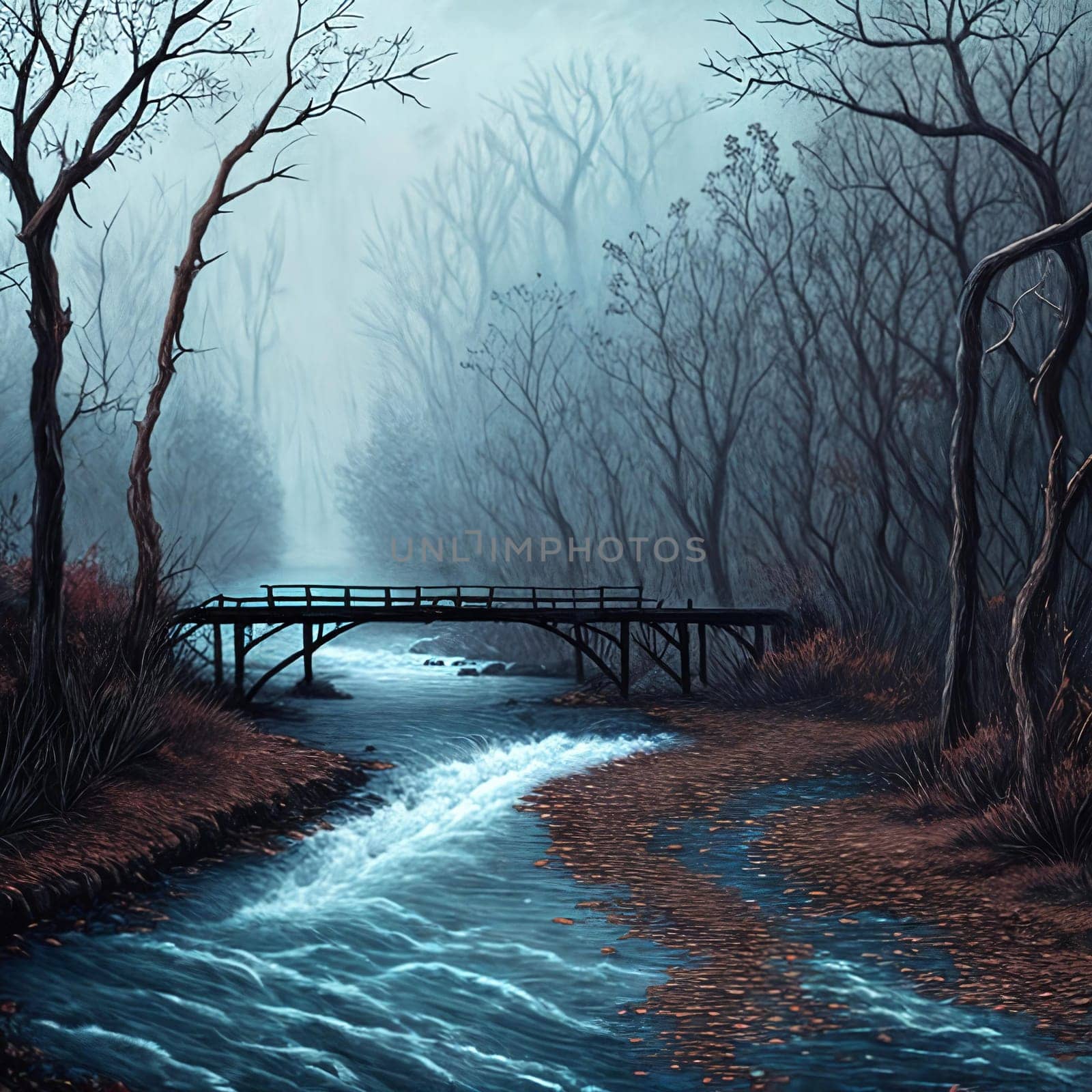 Withered vines, old trees, small bridges and flowing water. Landscape illustration. . AI Generative