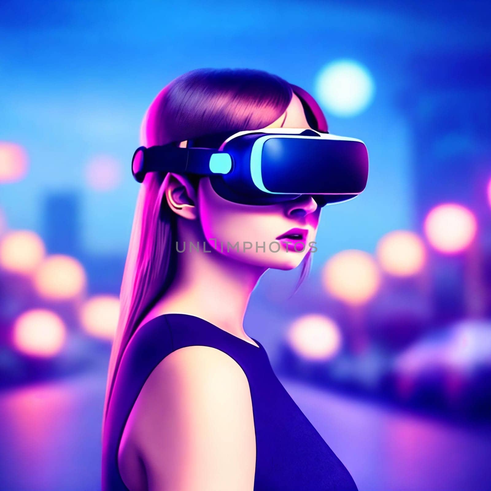 Woman portrait wearing VR glasses. AI Generative by GoodOlga