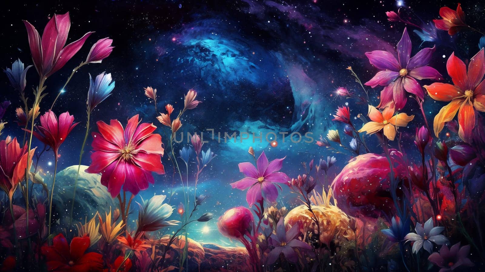 Fairy flowers on a fantasy planet, starry sky on background. Generative AI