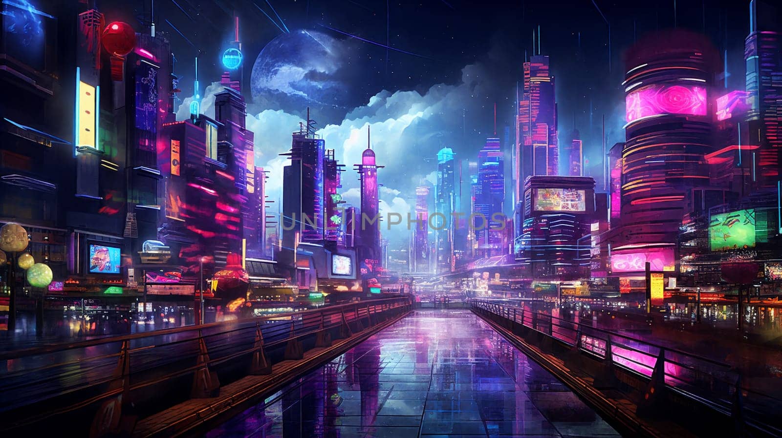 Futuristic cityscape with buildings and road and cars on foreground. AI Generative