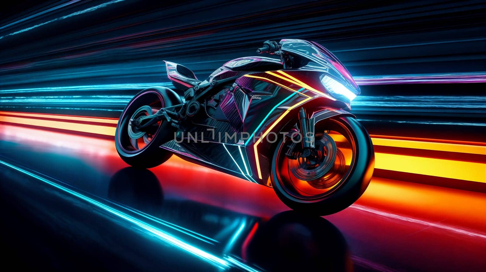 Futuristic fantasy motorbike on highway with neon light. AI Generative