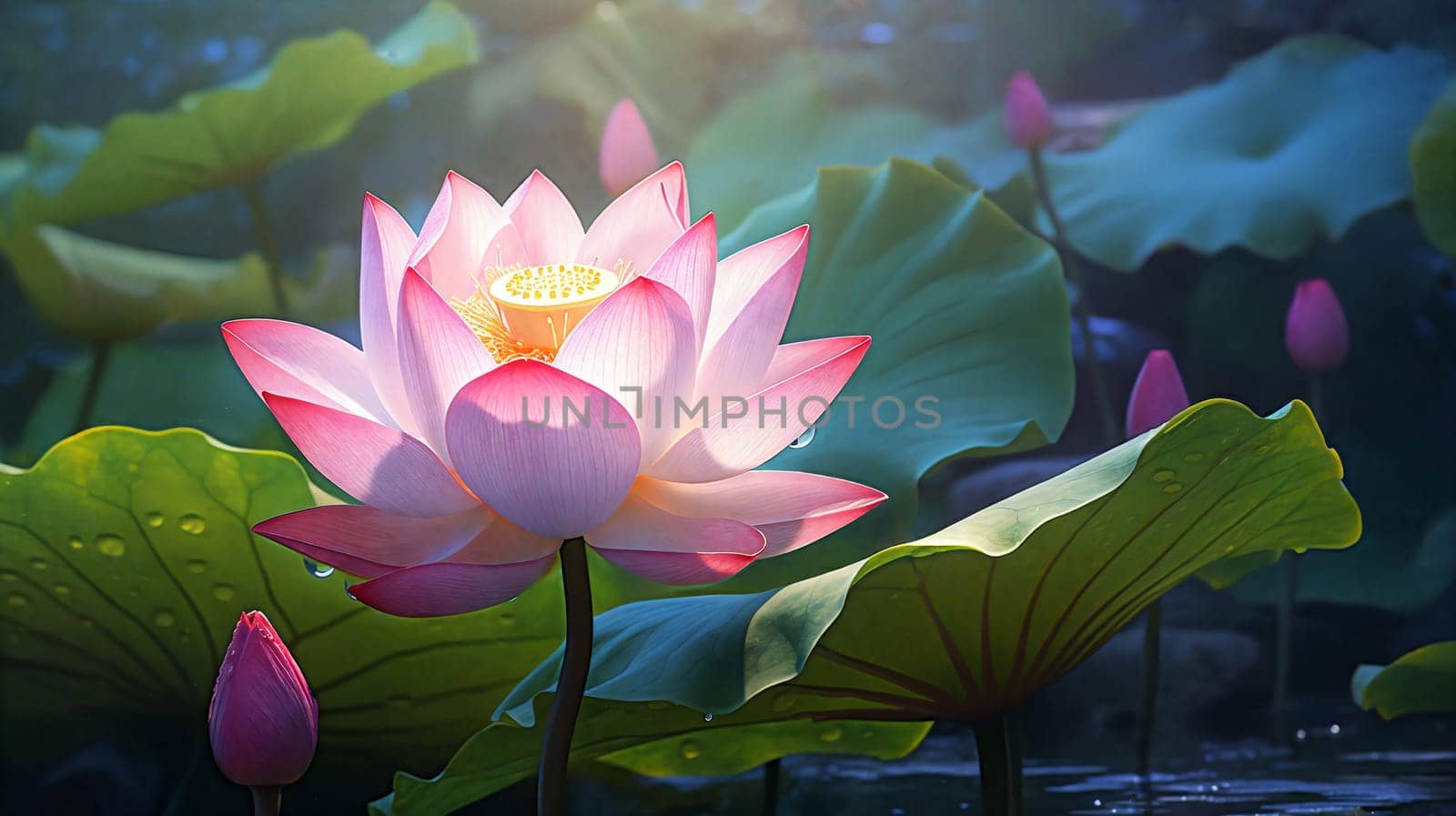 Beautiful lotus flower closeup . Generative AI