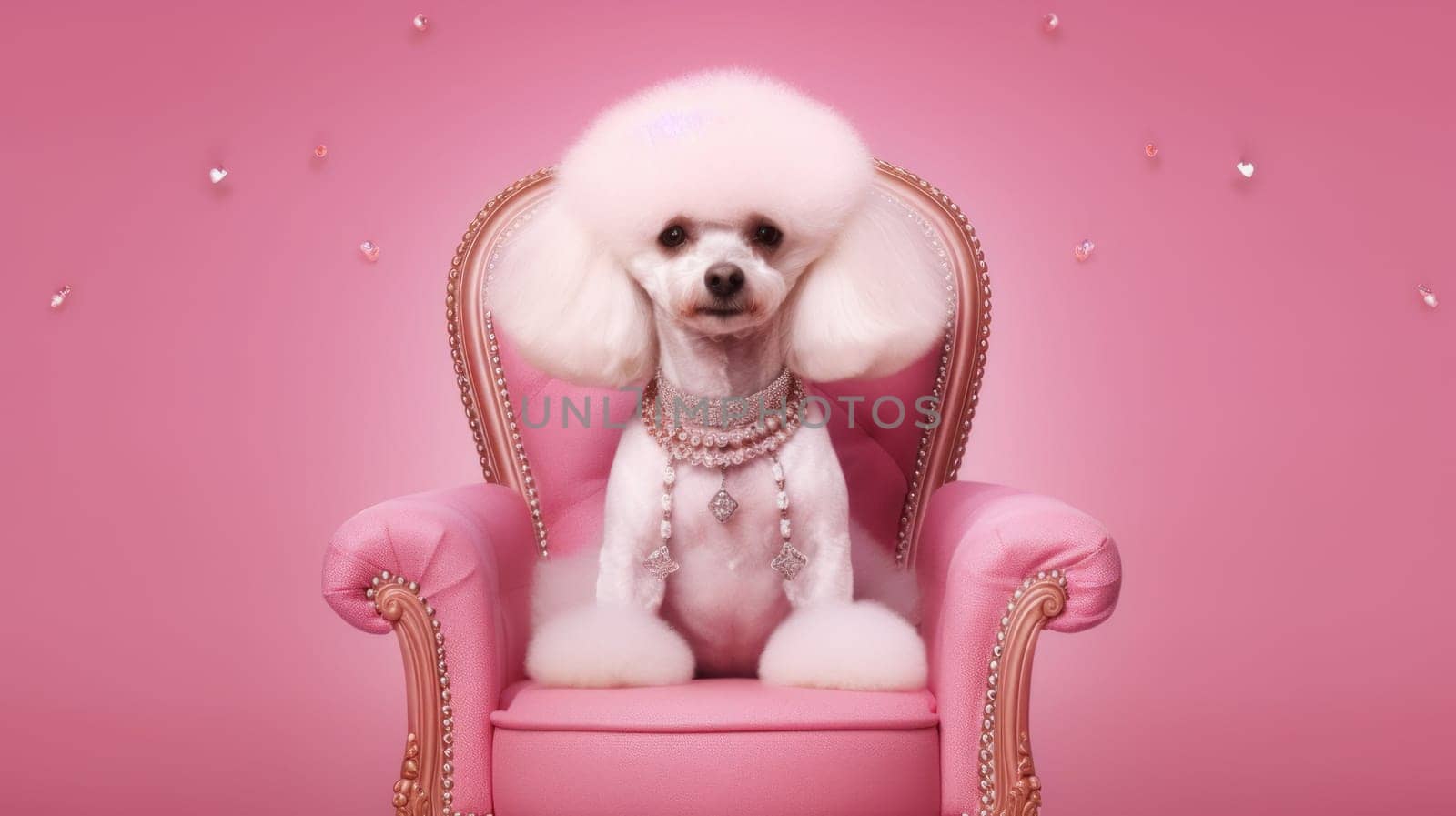 A white poodle with a beautiful haircut sits in a pink chair on a pink background at the groomer's reception. AI generated