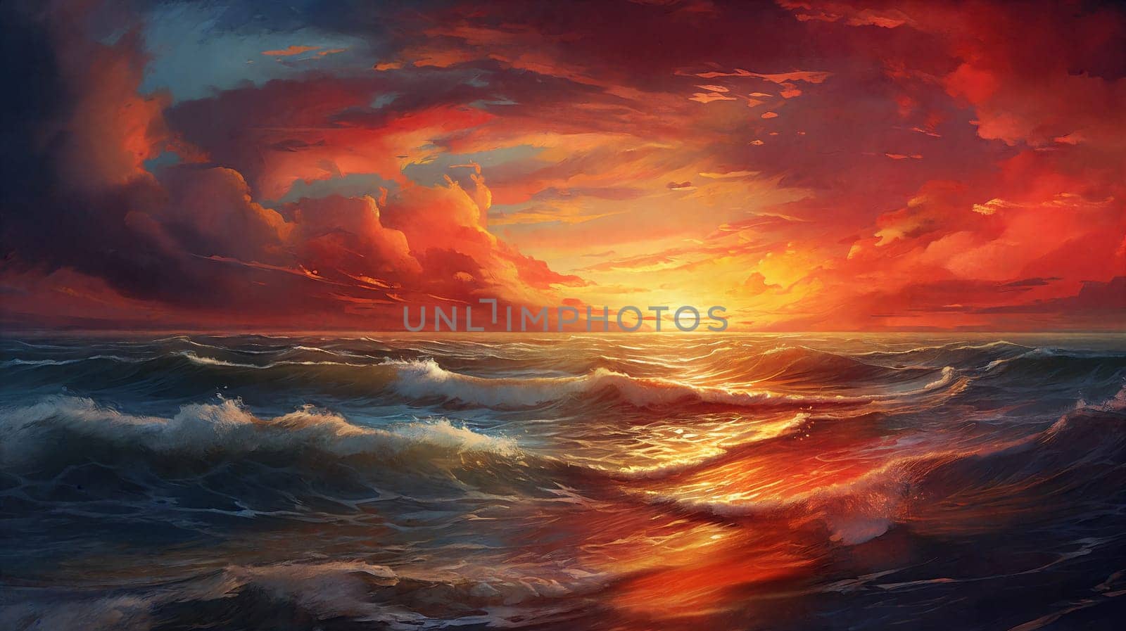 Sunset over the sea, waves on the foreground, panorama . AI Generative