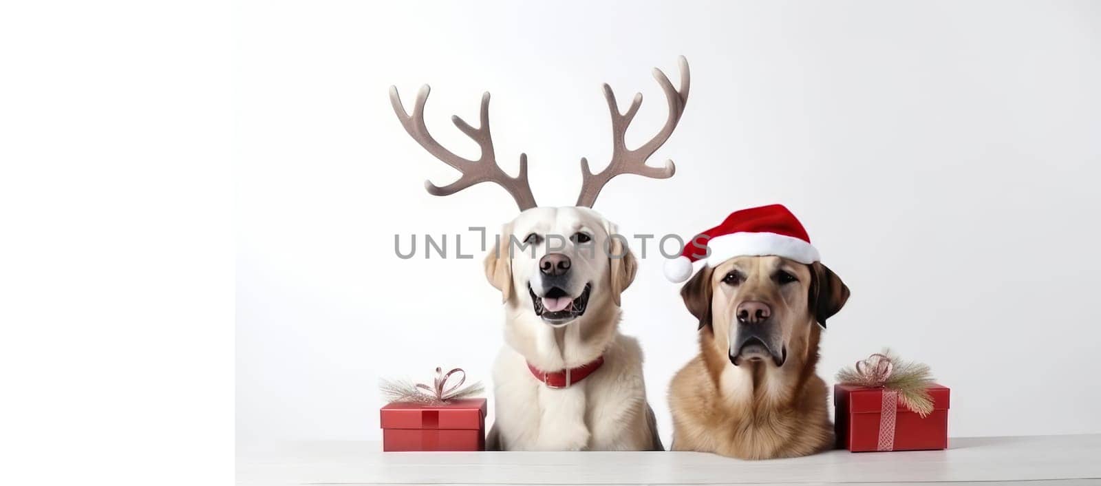 Dogs celebrating christmas holidays wearing red santa claus hat, reindeer antlers and red gift ribbon isolated on white background. AI generated