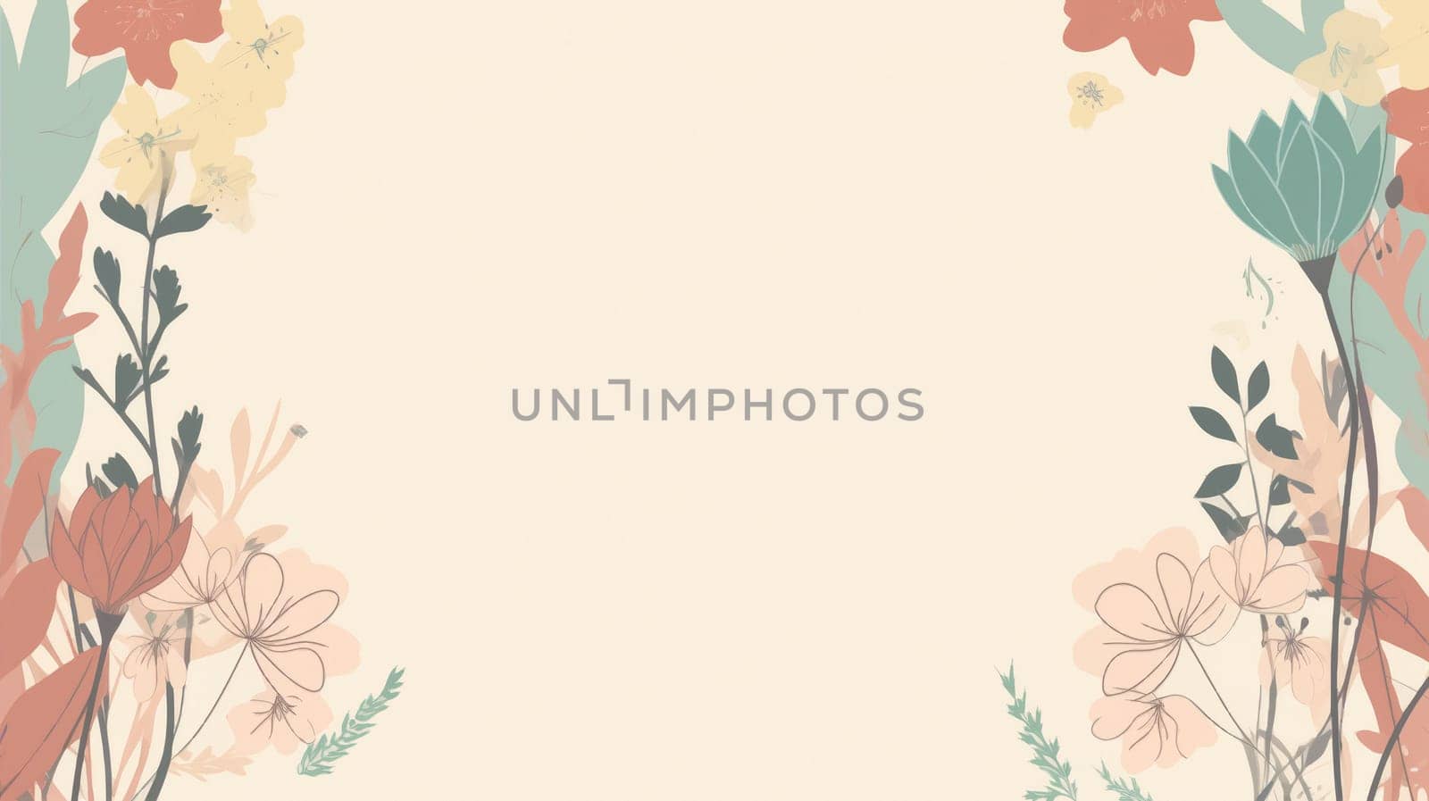 A minimalist illustration with a large empty space in the middle and a thin floral border in various colors on a plain background. Greeting card with roses, watercolor, can be used as invitation card. download