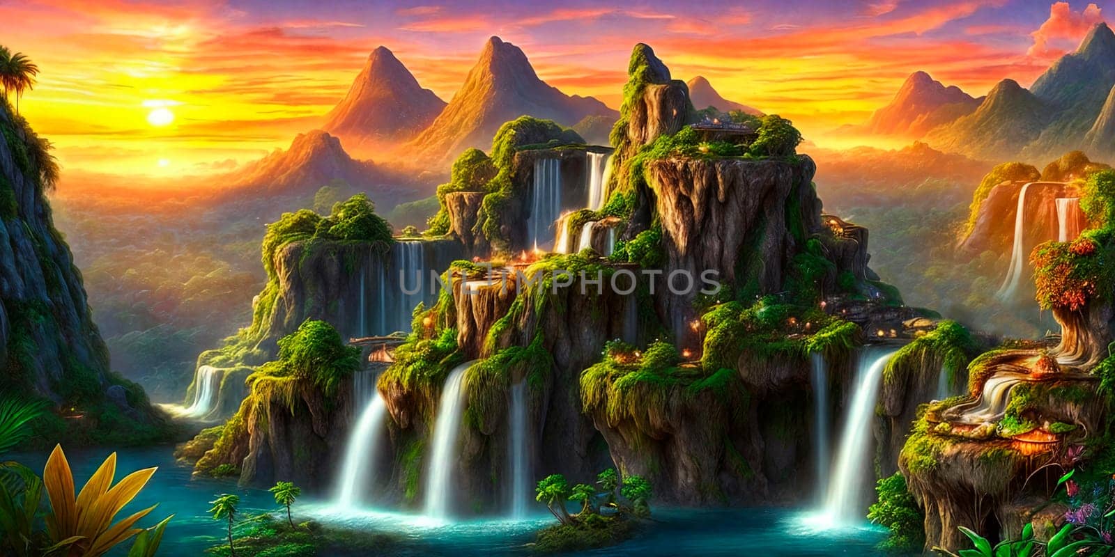 Fantasy landscape with waterfalls, flowers and tropical plants on foreground, panorama. Generative AI