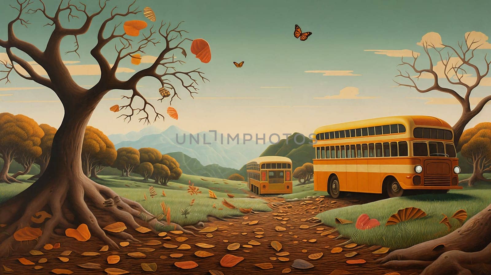 Two school buses on rural road, back to school. Generative AI