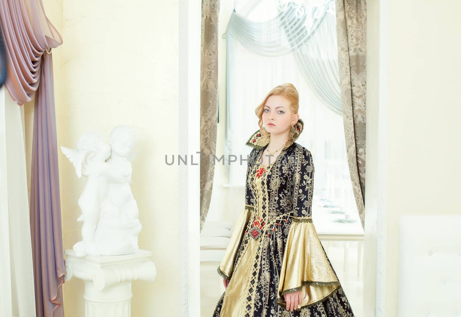 Beautiful young woman posing in deluxe king costume