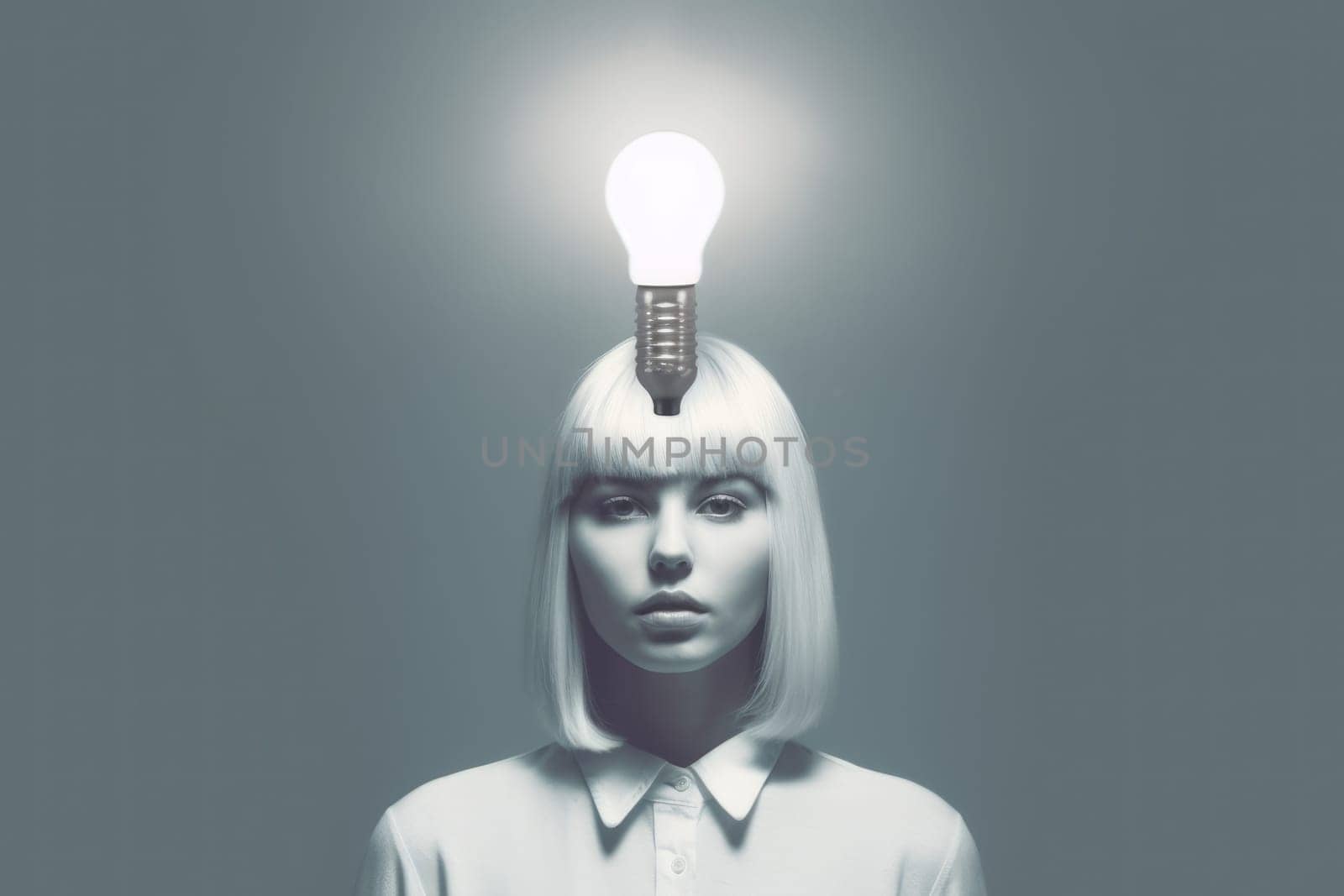 bright light bulb float above of young scandinavian woman's head. generative ai AIG32 by biancoblue