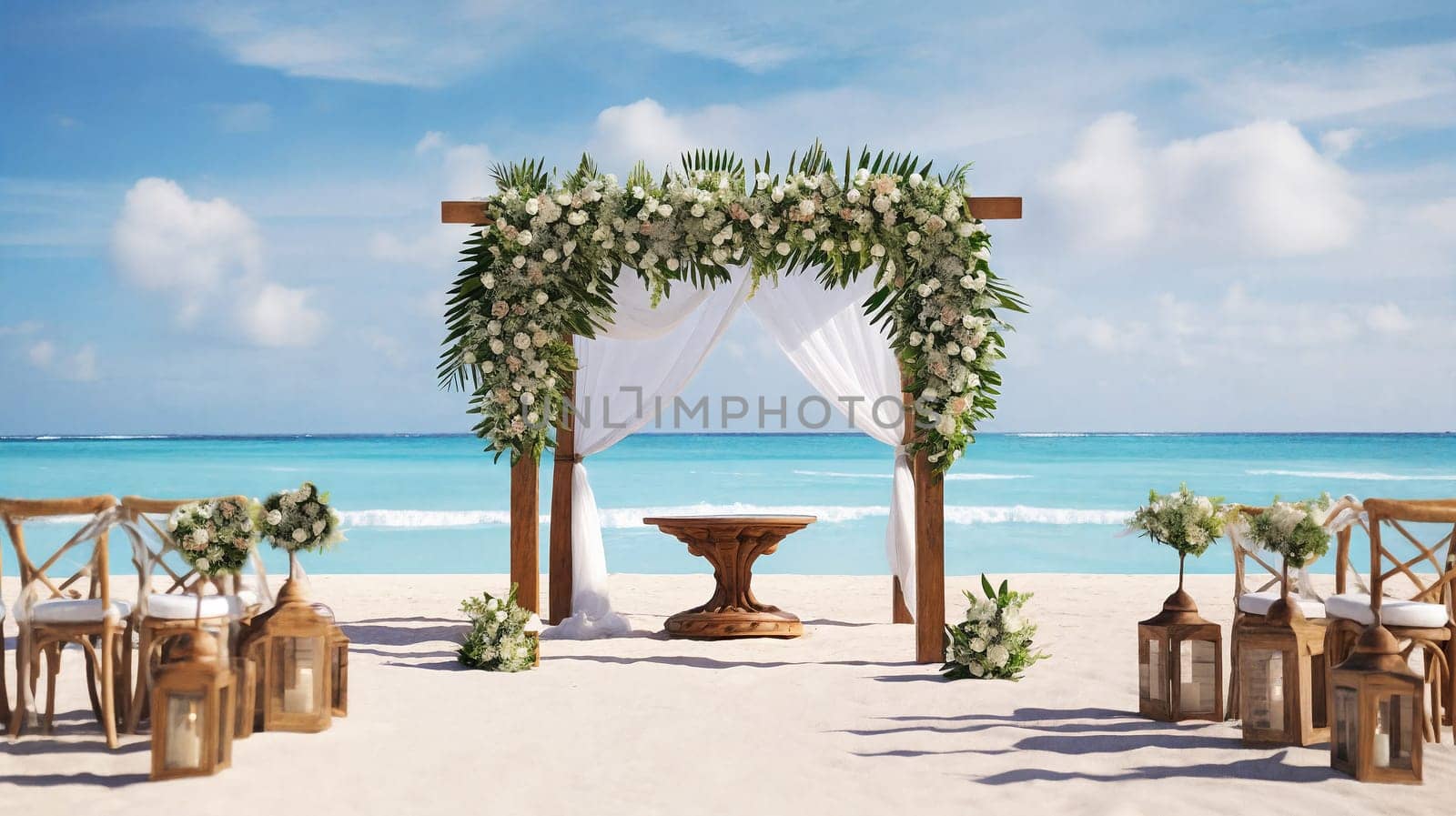 Wedding set on the tropical beach. Generative AI