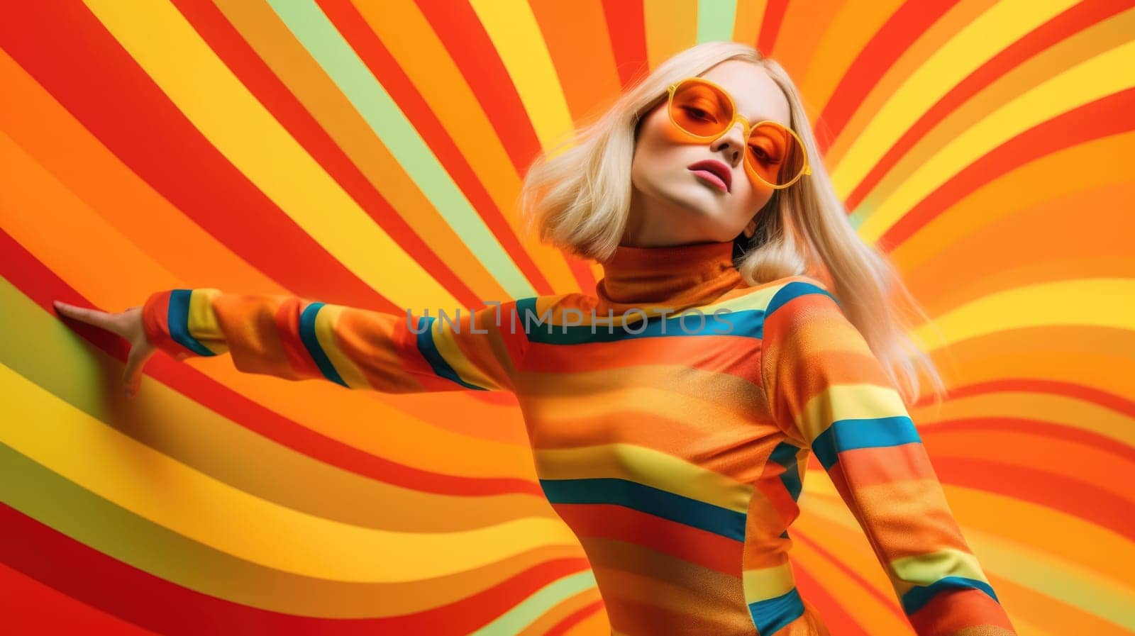 Young female model posing with trendy fashion outfit and colorful vibrant orange optical art abstract background. Picturesque generative AI