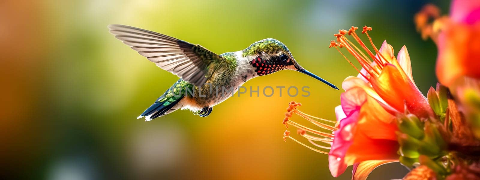 colorful hummingbird flying to flower for nectar, banner made with Generative AI. High quality illustration
