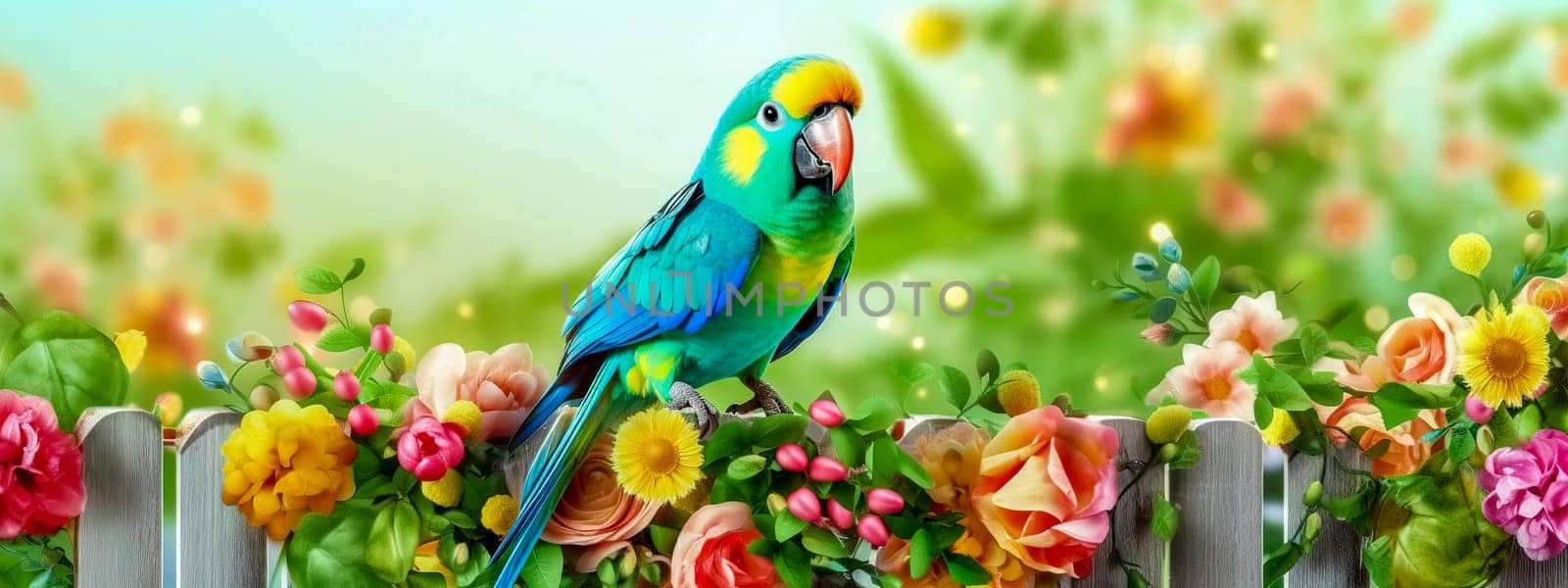 colorful bird on the fence among the flowers, banner made with Generative AI. High quality illustration