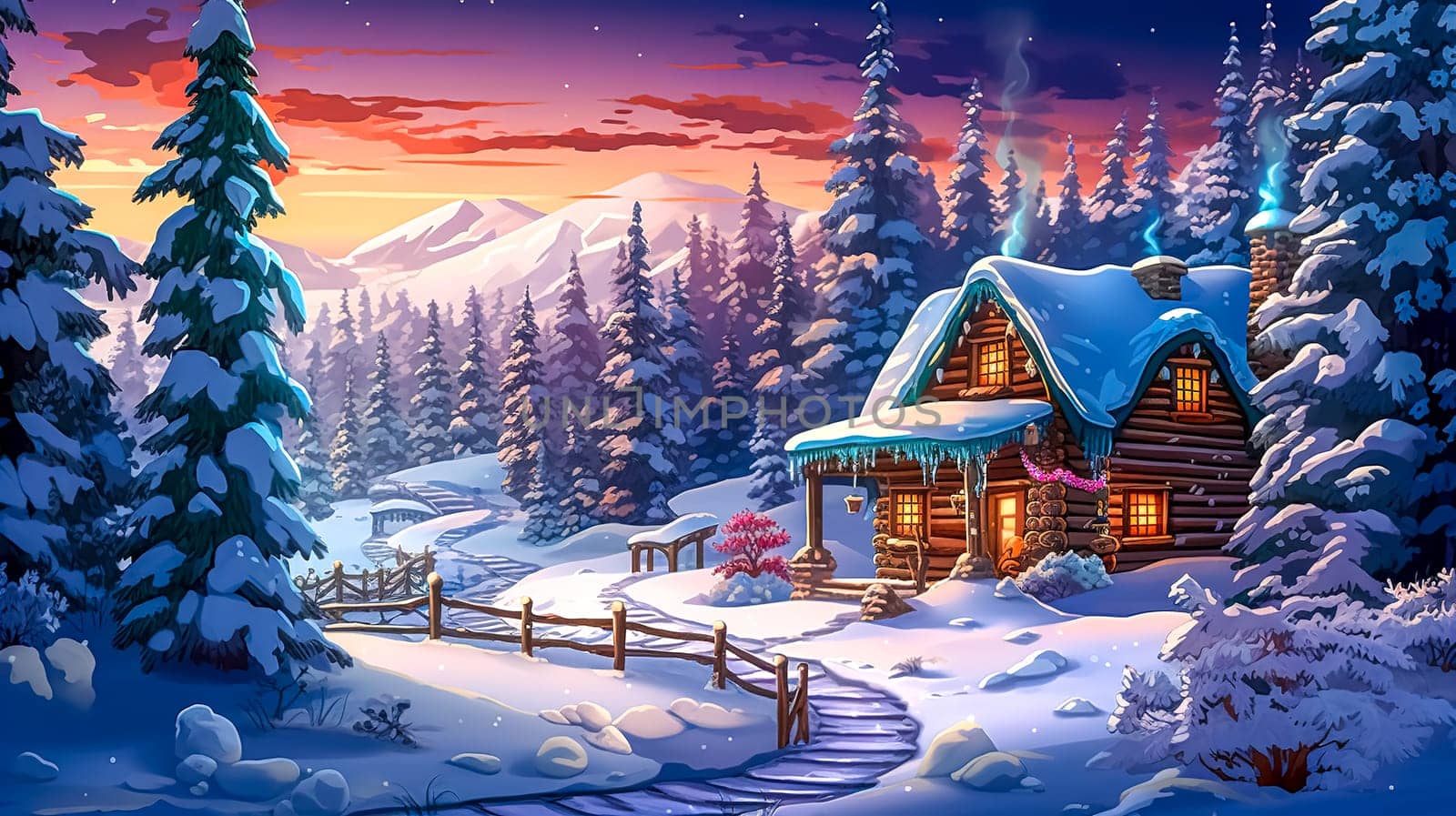 wooden log cabin in the winter fairytale forest, Christmas time, made with Generative AI. High quality illustration