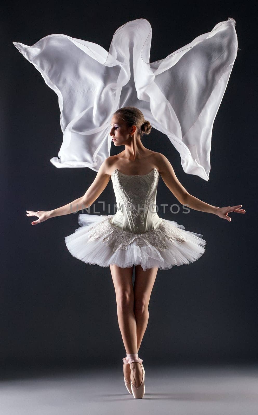 Studio shot of graceful young female ballet dancer