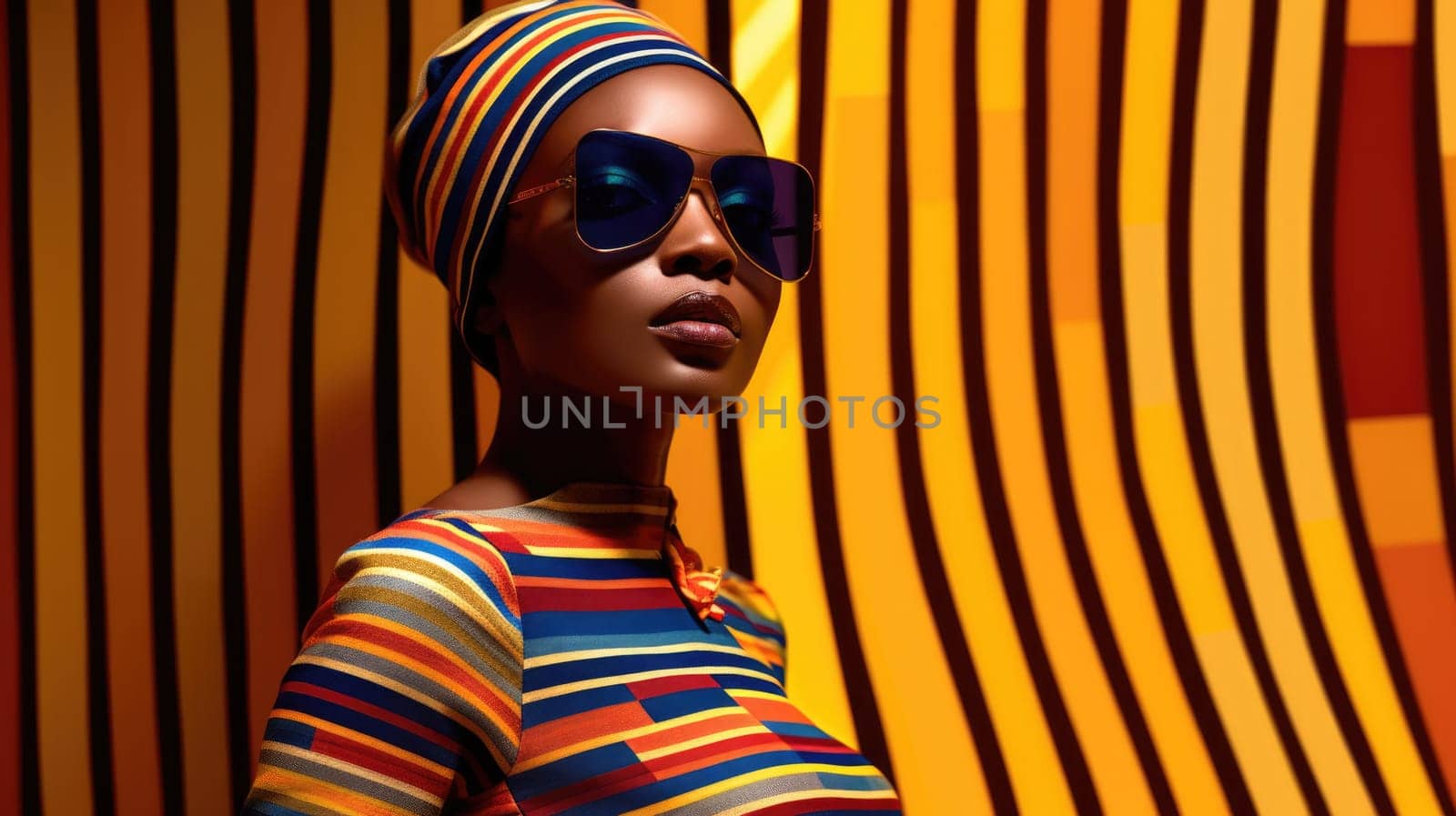 Young african female model posing with trendy fashion outfit and colorful vibrant orange optical art abstract background. Picturesque generative AI