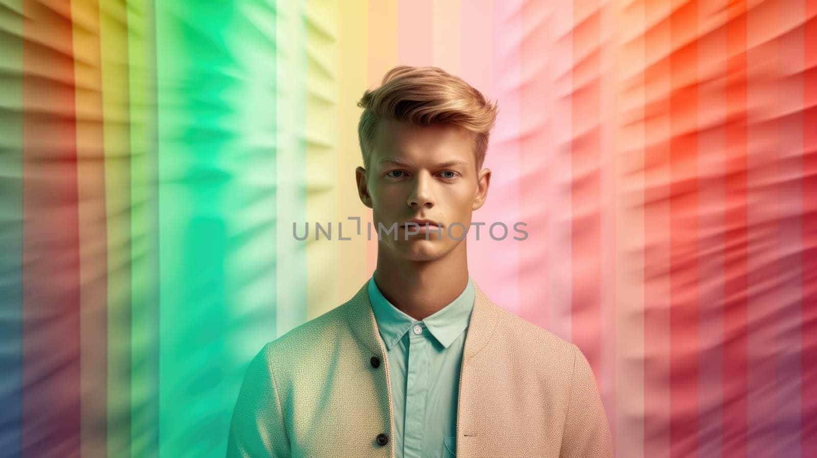 Young male model posing with trendy man fashion outfit and colorful pastel mood optical art abstract background. Picturesque generative AI