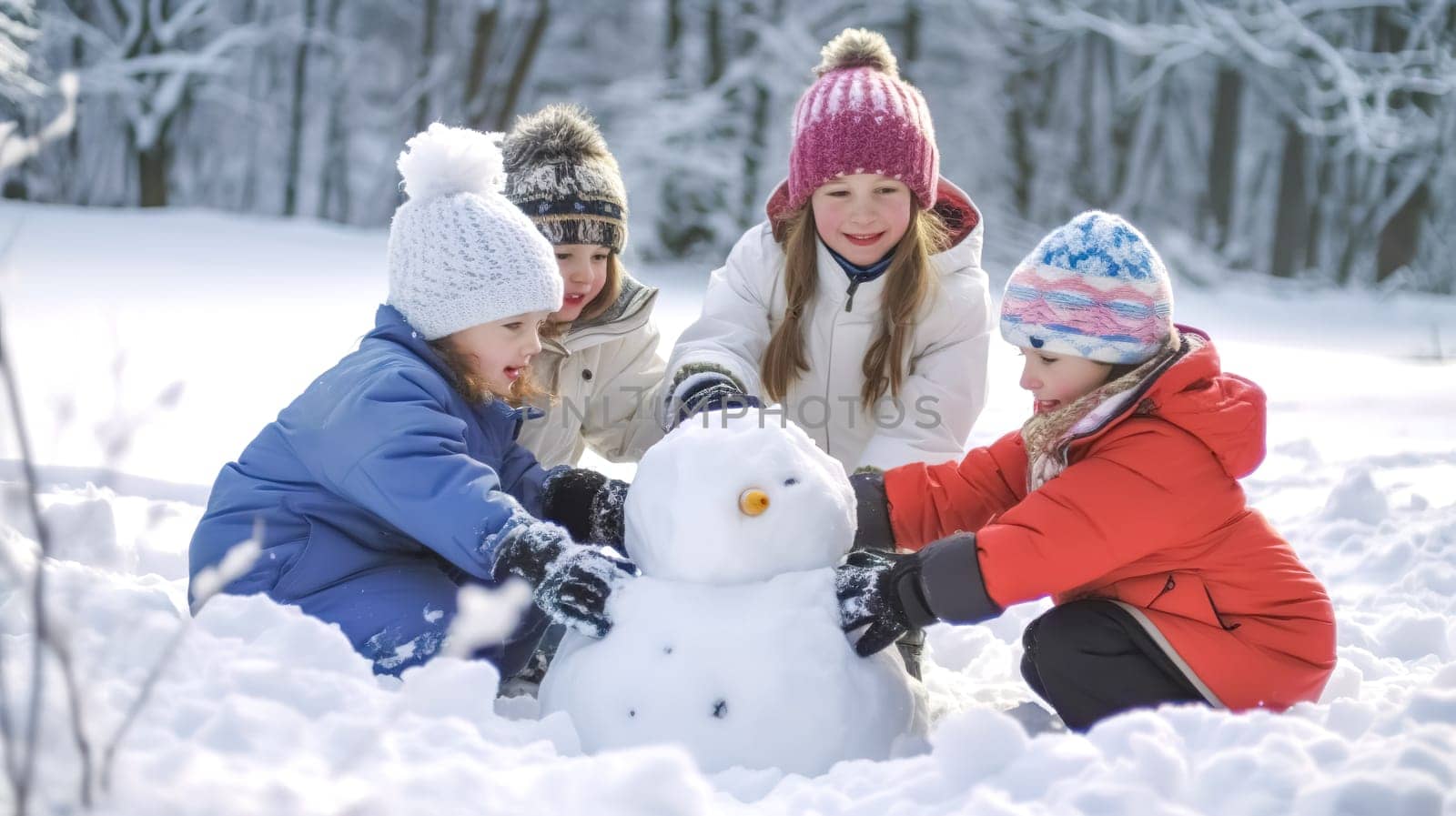 children build a snowman from snow in winter, made with Generative AI. High quality illustration