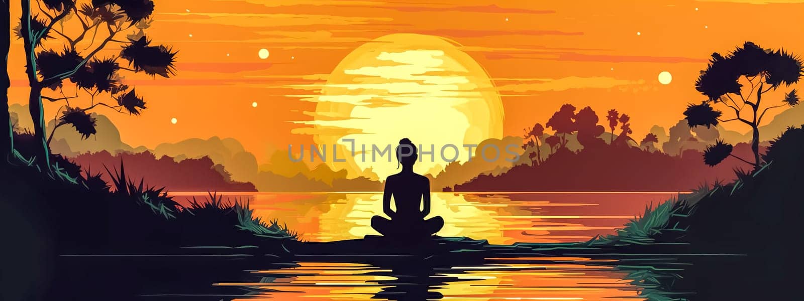 meditation at sunset by the lake, banner made with Generative AI by Edophoto