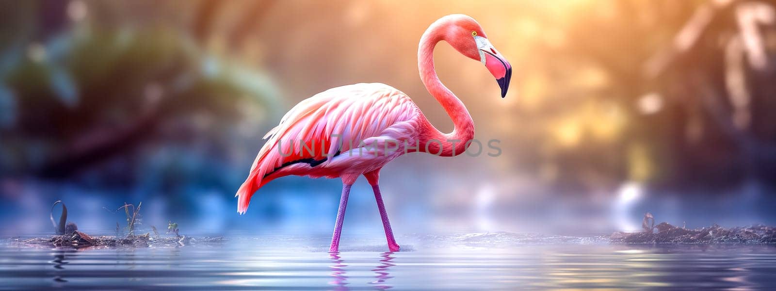 pink flamingo in nature, banner made with Generative AI. High quality illustration