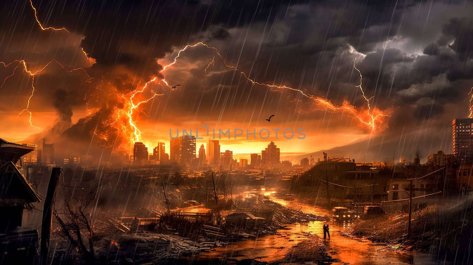 apocalypse in the city, made with Generative AI. High quality illustration