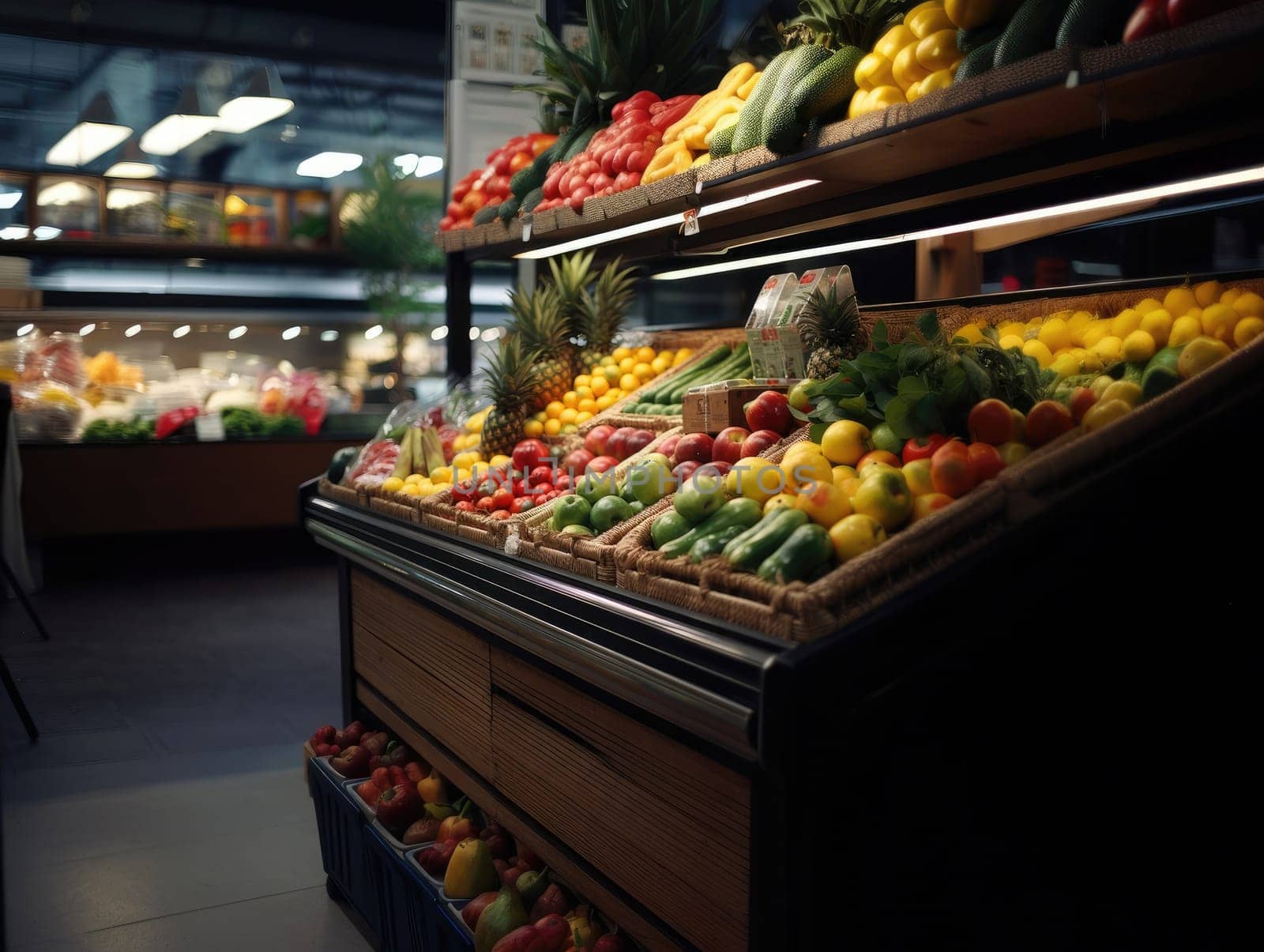 A large supermarket has a wide aisle full of fruit and vegetables, bright lighting from bulbs. Generative AI.