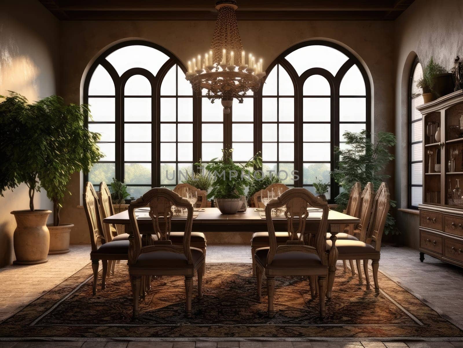 Wide angle view of dining room in Mediterranean style and dining sets, view outside through arched windows. Generative AI.