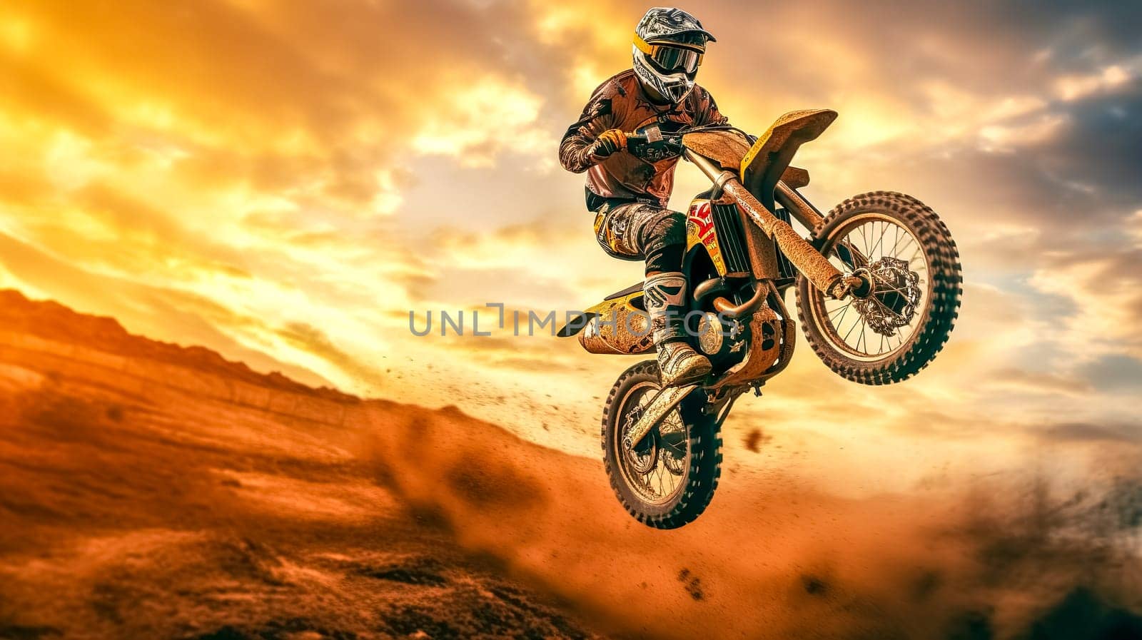 motocross, biker jumps on a dune in the desert on a supercross, made with Generative AI. High quality illustration