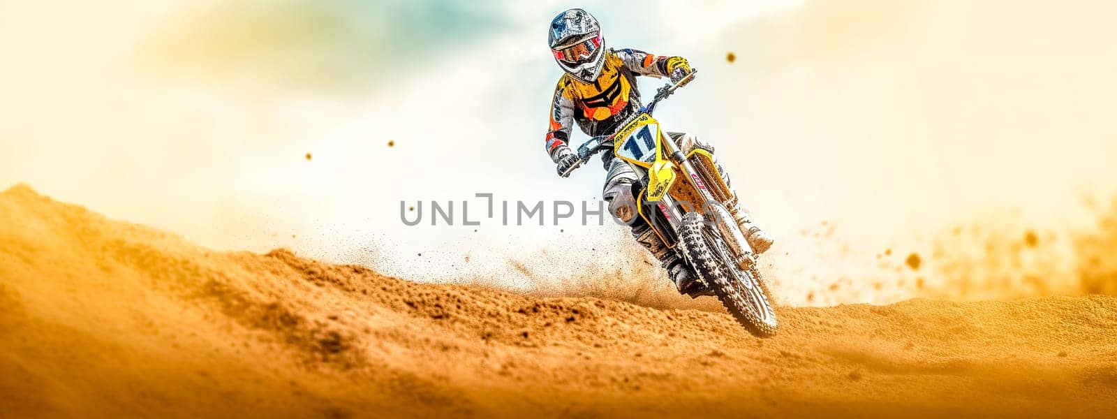 motocross, biker jumps on a dune in the desert on a supercross, made with Generative AI. High quality illustration