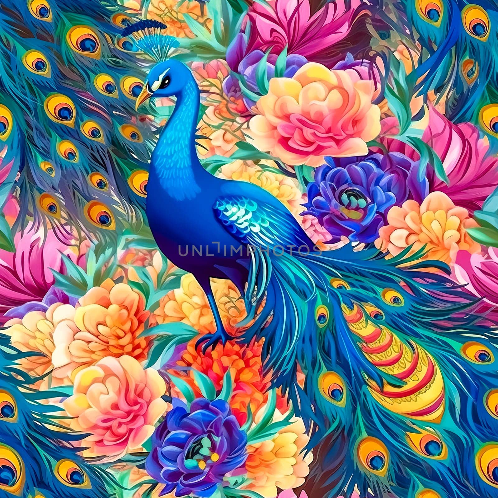 art tile, colorful peacock bird, seamless texture made with Generative AI by Edophoto