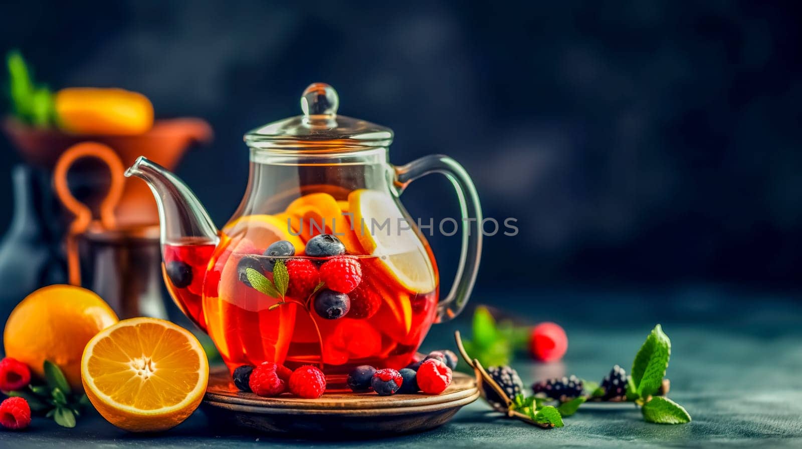 fresh fruit tea in a glass teapot, made with Generative AI. High quality illustration