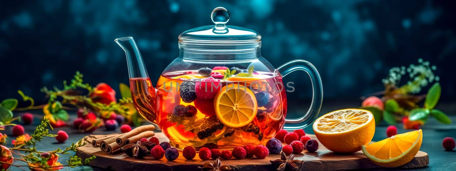 fresh fruit tea in a glass teapot, made with Generative AI. High quality illustration