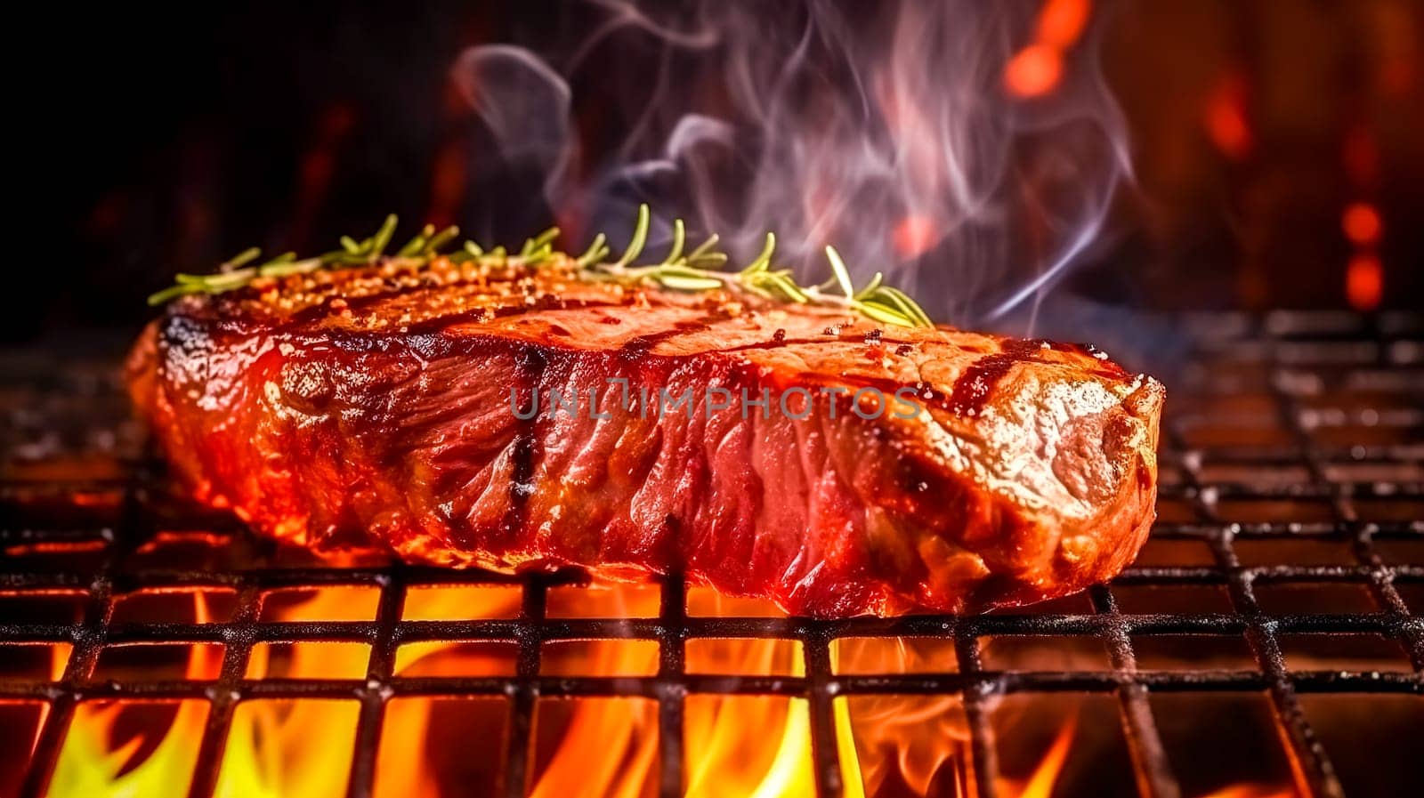 beef steak on the fire of a hot grill, barbecue party, made with Generative AI. High quality illustration