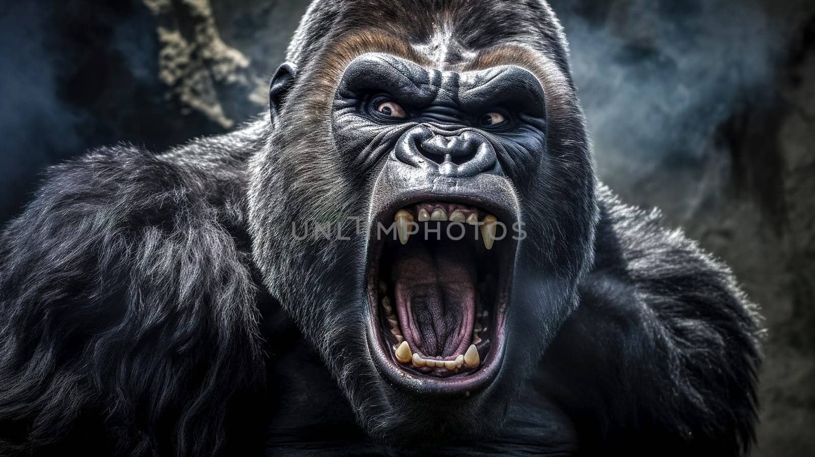 portrait of angry gorilla, furious animal, made with Generative AI. High quality illustration