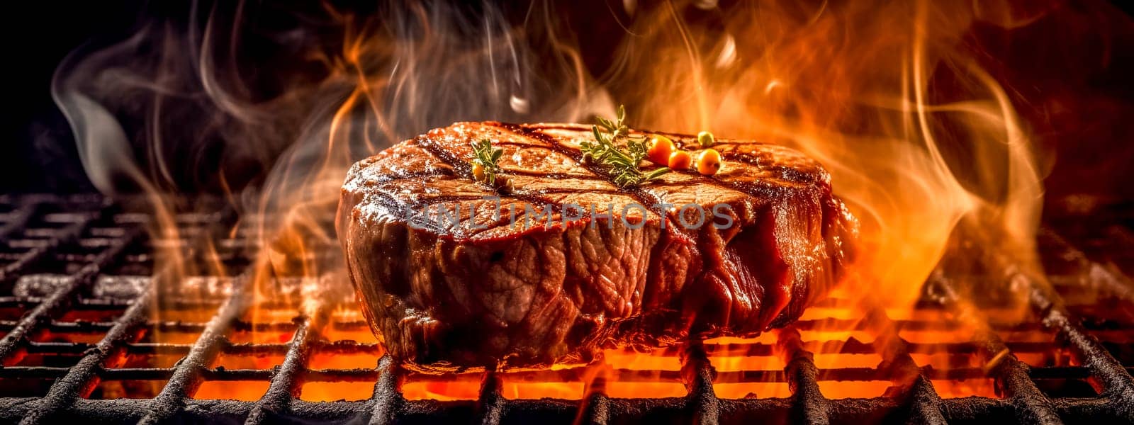 juicy beef steak on the fire of a hot grill, barbecue party, banner made with Generative AI by Edophoto