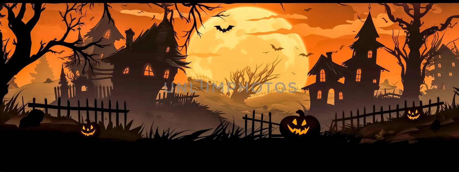 Halloween, carved pumpkins, scary characters and bats in a mysterious dark forest, made with Generative AI. High quality illustration