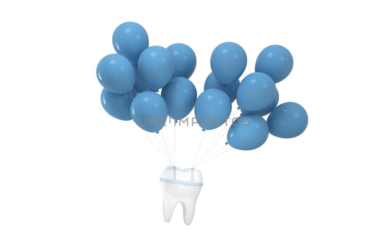 Balloons and tooth with white background, 3d rendering. Computer digital drawing.