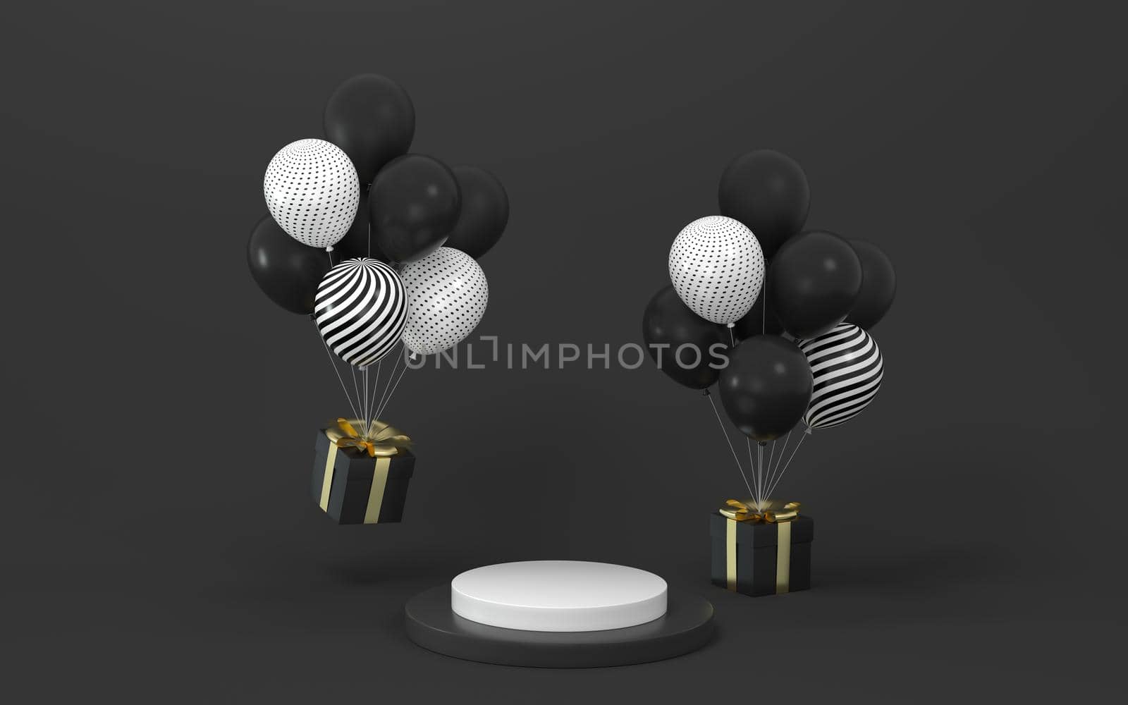 Balloons and presents with background, 3d rendering. Co,puter digital drawing.